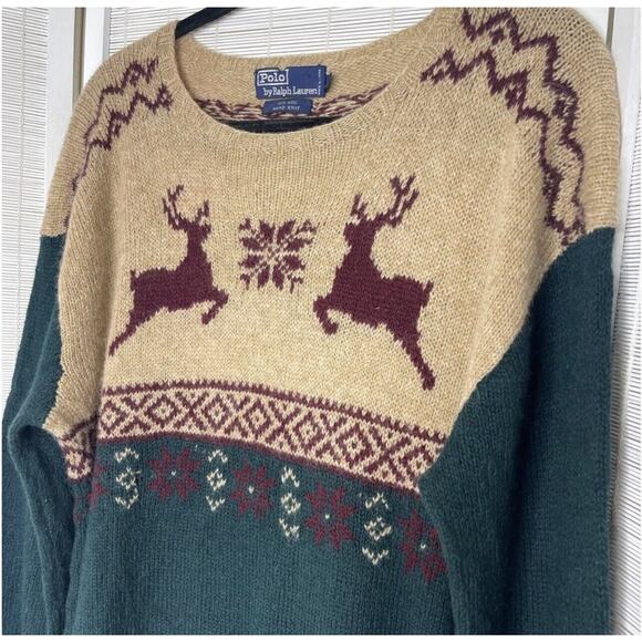 Polo Ralph Lauren Sweater hand knit Large ReinDeer Buck Fair Isle Wool Holiday - Picture 2 of 4